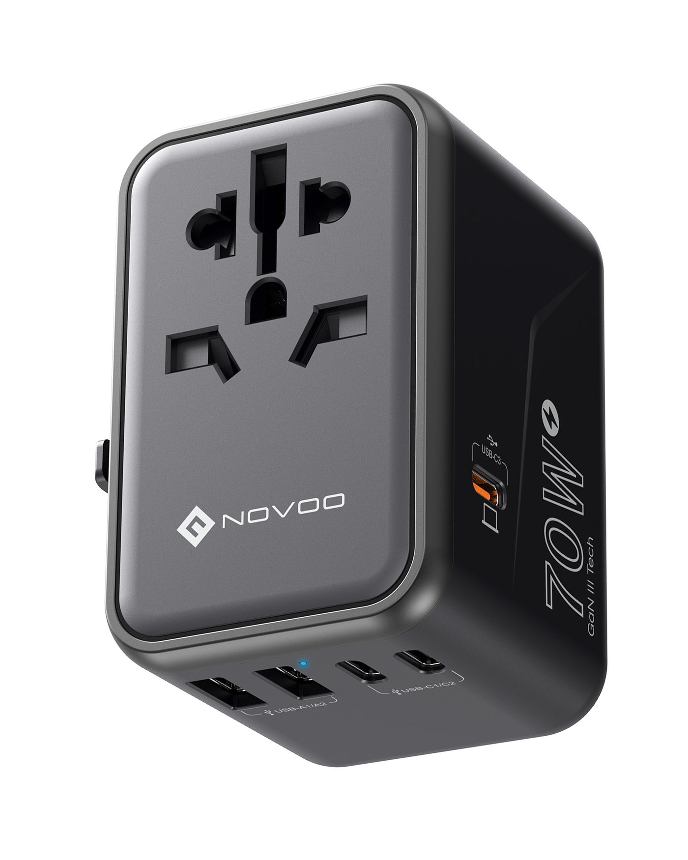 NOVOO RG70 GaNIII 70W Universal Travel Adapter Worldwide Essentials Power Plug Adapter with 3 USB C & 2 USB A