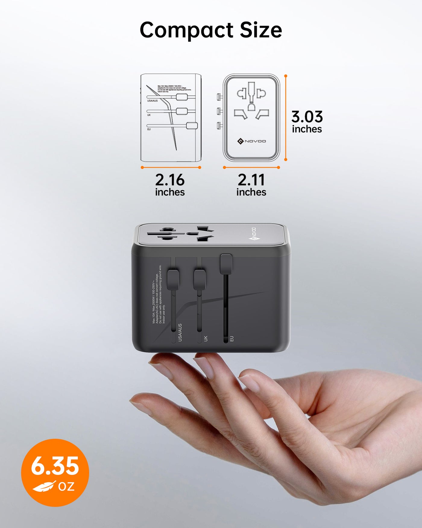 NOVOO RG70 GaNIII 70W Universal Travel Adapter Worldwide Essentials Power Plug Adapter with 3 USB C & 2 USB A