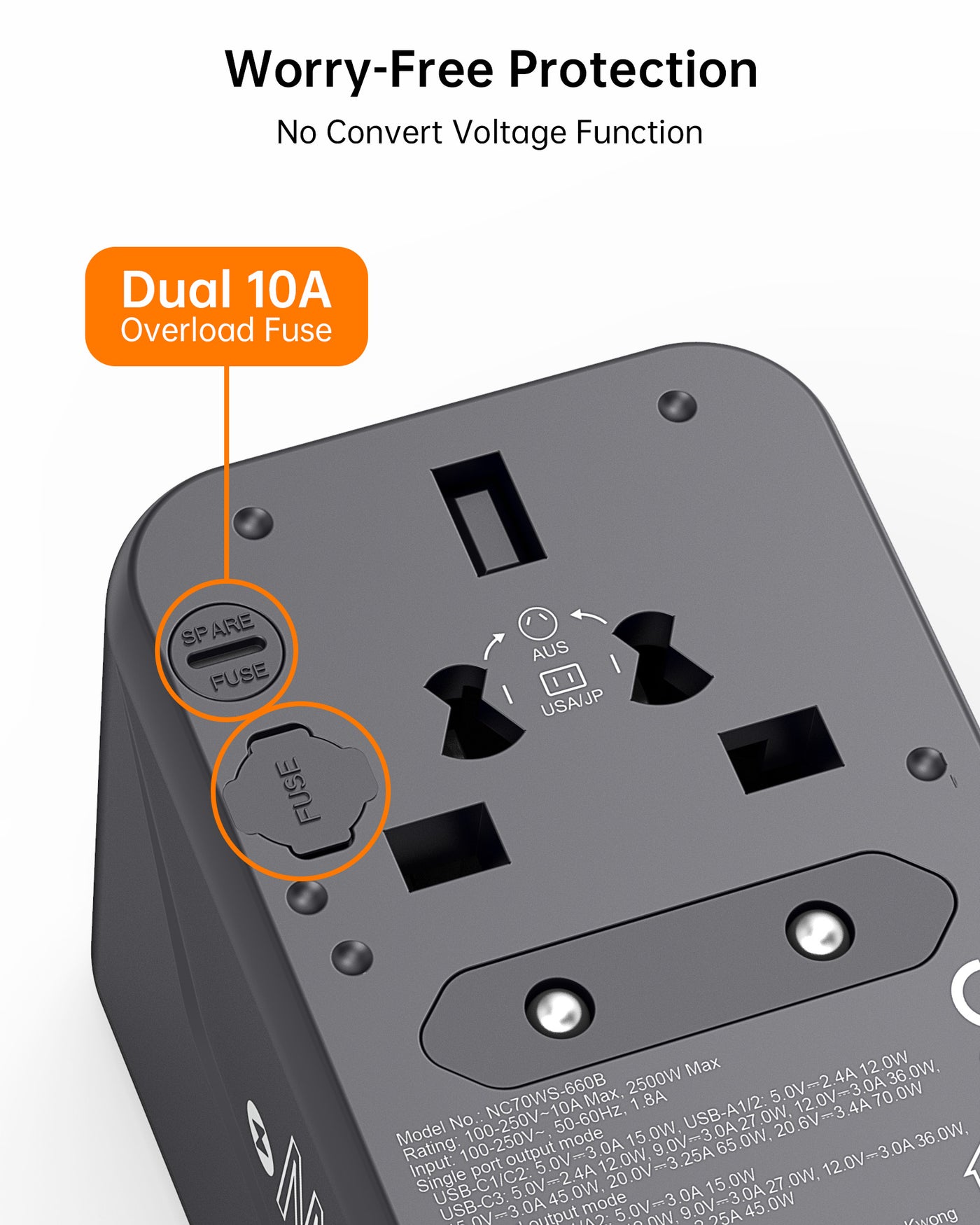 NOVOO RG70 GaNIII 70W Universal Travel Adapter Worldwide Essentials Power Plug Adapter with 3 USB C & 2 USB A